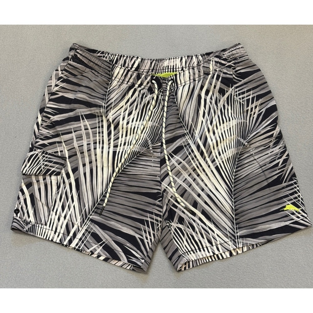 Tommy Bahama Relax Swim Trunks Mens L Black White Palm Print Cargo Mesh Lined